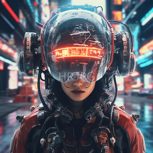 neon visor cyberpunk asian woman in red and black armor