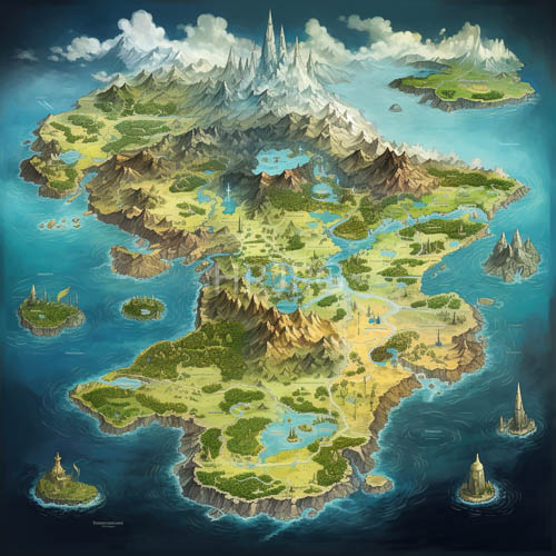 snowy mountain continent intricate turquoise island map