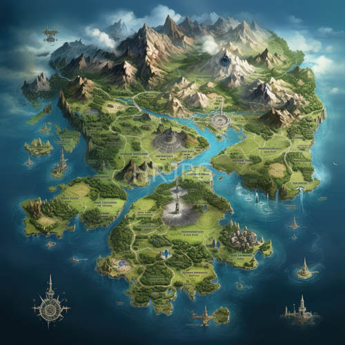 mountain valleys surround green islands in river maps