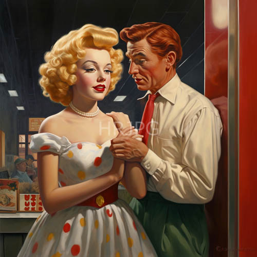vintage polka dot romance red haired man and blonde woman