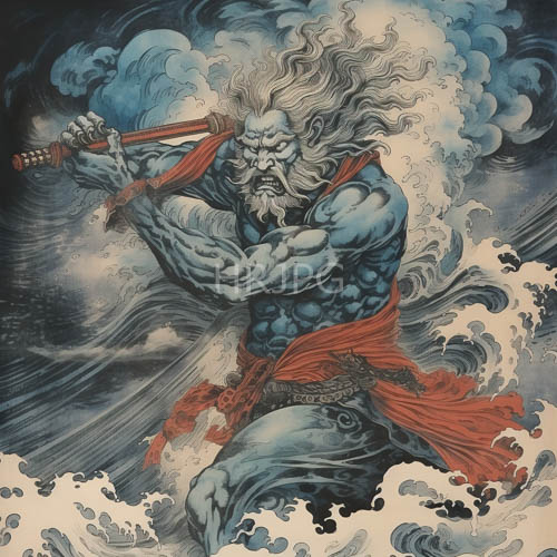 ocean waves carry blue skinned samurai riding water currents