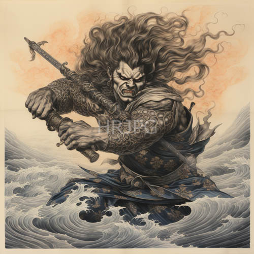 enraged samurai of the deep wavy hair and wave tattoos