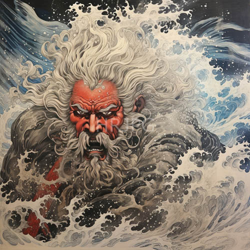 rage of the ocean king wild white hair emerging from waves