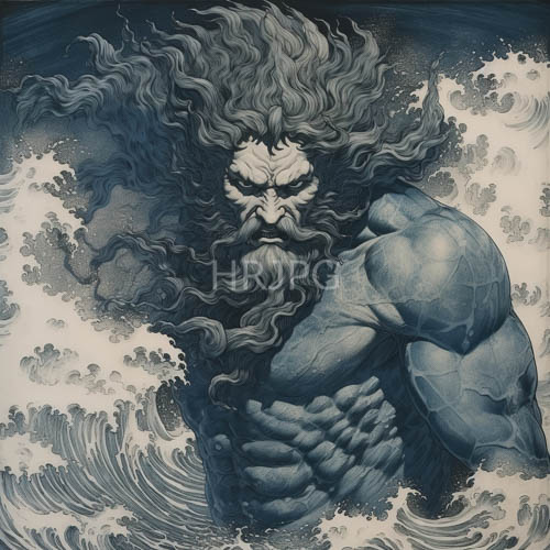 traditional ocean waves swirl around sea god figures in monochrome