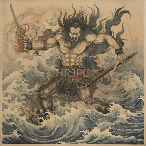 flaming swords shine in hands of sea god figures