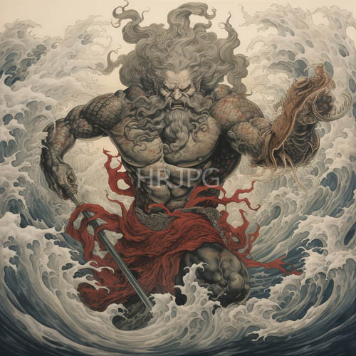 High Resolution: Seaweed hair cascades over muscular Poseidon figures in storms download. | HRJPG.com