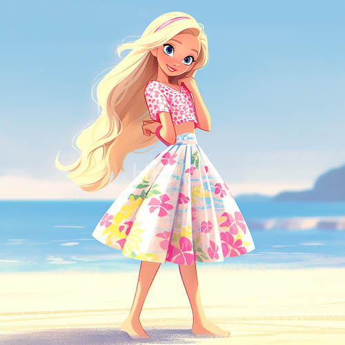 honey gold sands princess blonde girl in floral outfit on beach