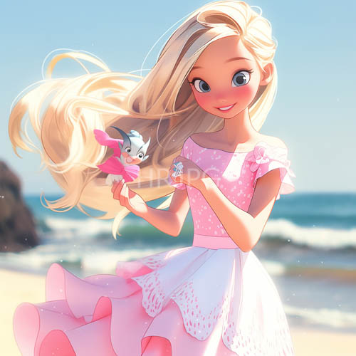 plush rabbits rest beside blonde girls on sandy beaches