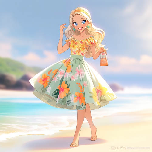 summer coastal elegance blonde woman in floral dress