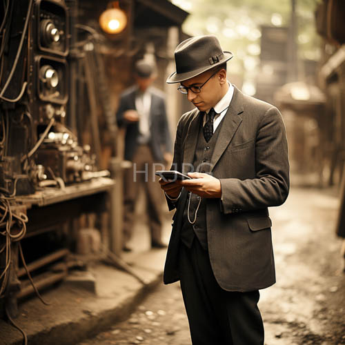 High Resolution: Bowler hats and smartphones dress gentlemen in vintage attire download. | HRJPG.com