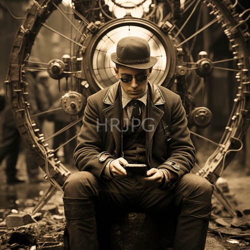 steampunk chronology sepia portrait of gentleman with phone