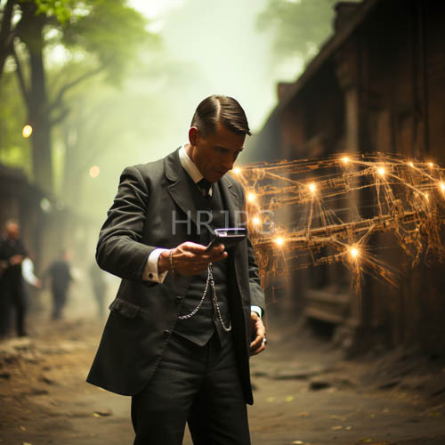 late night misty street businessman with smartphone