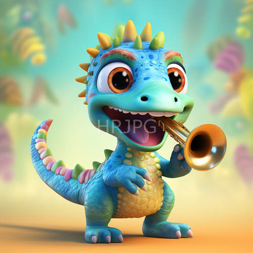 High Resolution: Dino Trumpet Performance: Adorable Blue Dinosaur Art download. | HRJPG.com