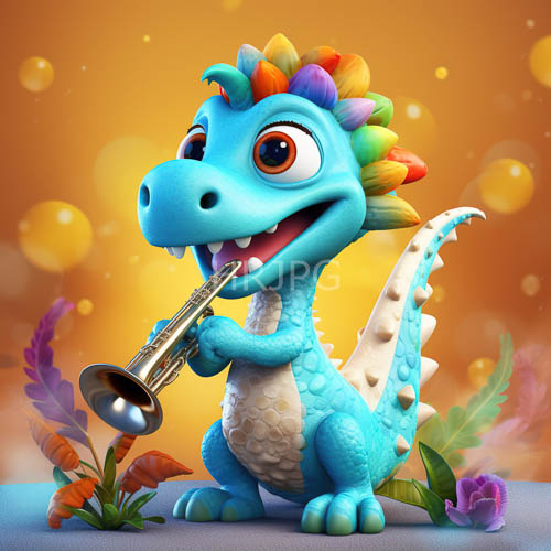 silver trumpets play in claws of cute blue dragons