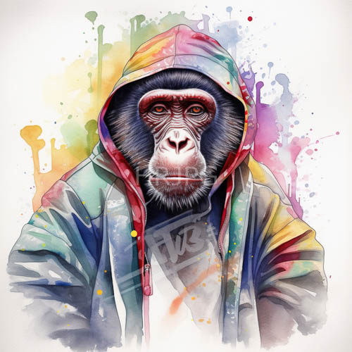 cyberpunk primate anthropomorphic chimpanzee in hooded jacket