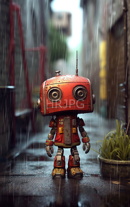 rainy night sentinel adorable rusty red robot in the city