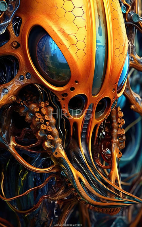 High Resolution: Hexagonal Alien Mind: Futuristic Blue and Orange Headpiece download. | HRJPG.com