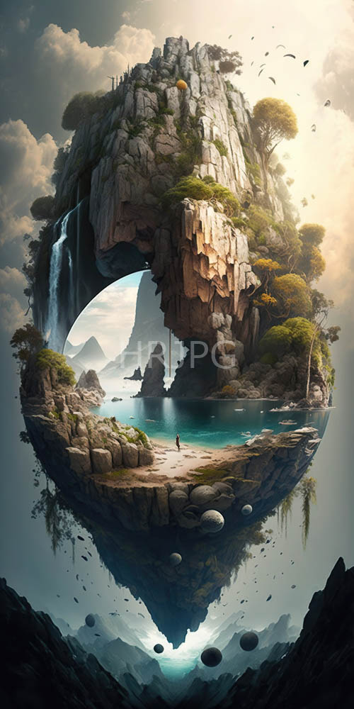 crystalline floating isle ethereal waterfall fantasy