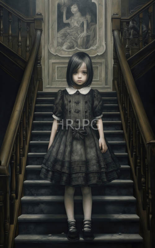 gothic elegance asian girl on vintage wooden stairs