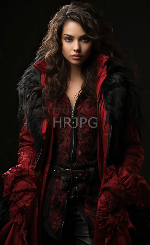 heavy draped crimson portrait elegant brunette in winter attire