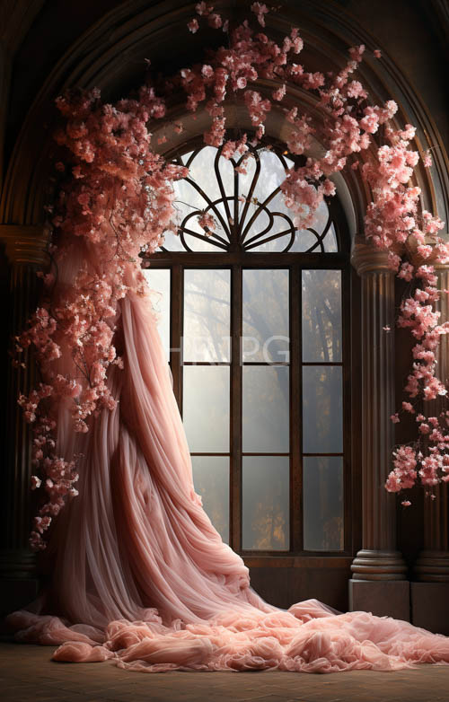 cherry blossom arch elegant window with flowing peach fabric