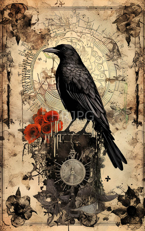 High Resolution: Gothic Scribe Crow: Intricate Clockwork and Red Poppies download. | HRJPG.com