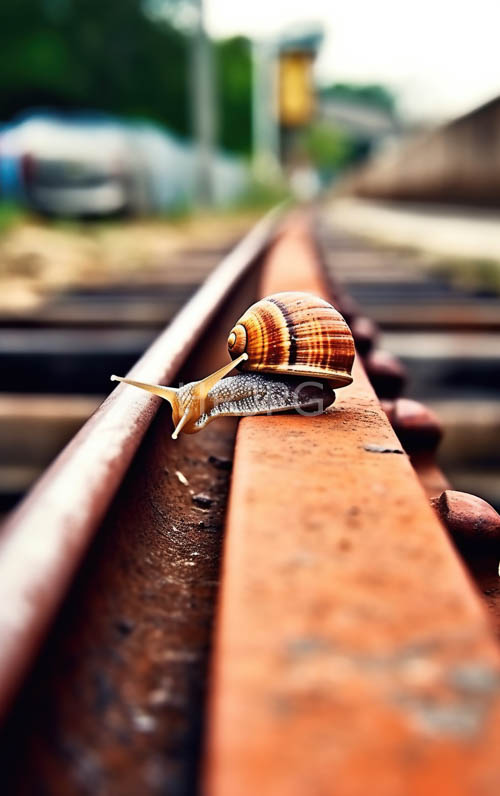 rusty train tracks guide snails crawling across metal rails