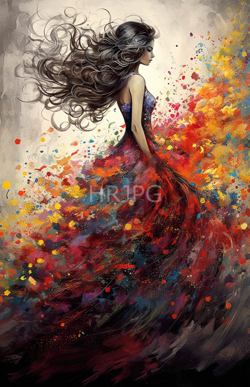 fluid silhouette ereal woman in prismatic splatter dress