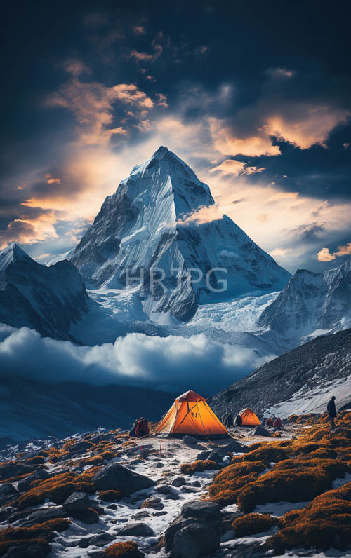 sunset alpine expedition orange tents on rocky mountain