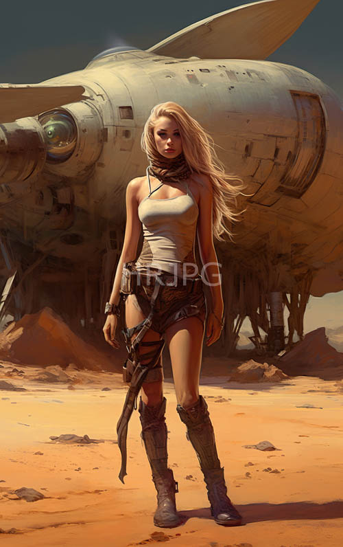 vintage aircraft park in desert hangars near blonde women