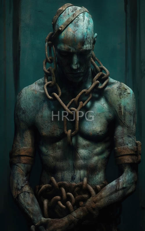 patina statues stand bound in rusted iron chains