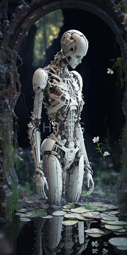 ruined archway mossy android white robot in water lily pond