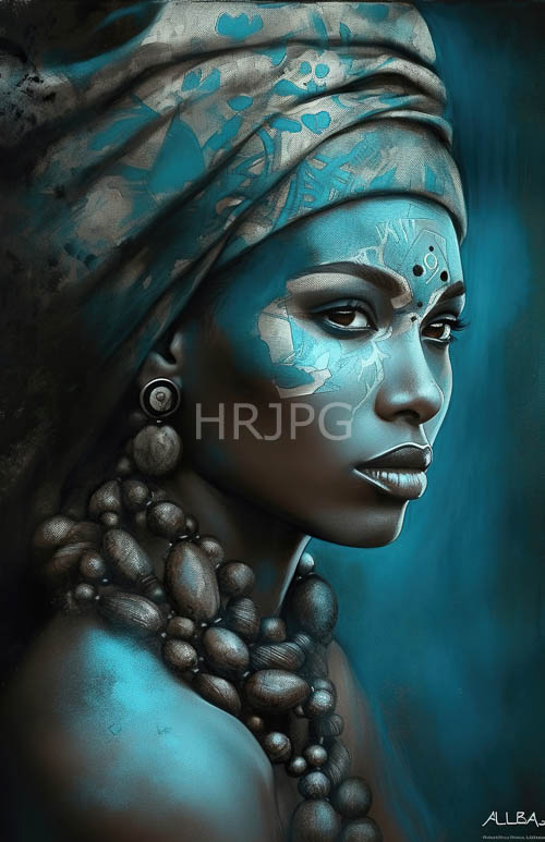 patterned indigo headwrap african woman with stone earrings