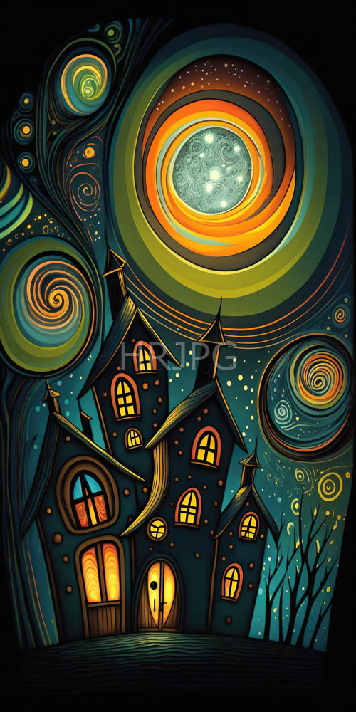 starry night cottage glowing yellow windows under swirling skies
