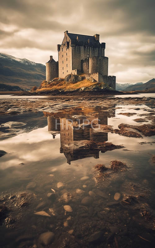 reflective lake castle stone fortress on rocky terrain