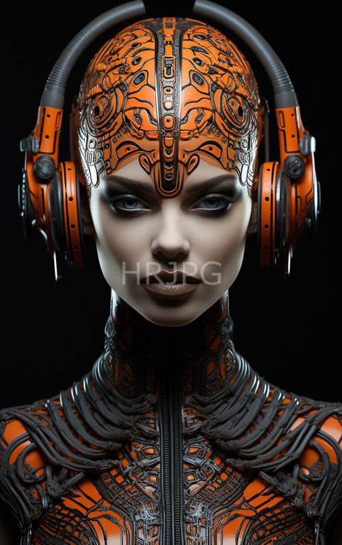 circuitry cybernetic android orange black patterned humanoid
