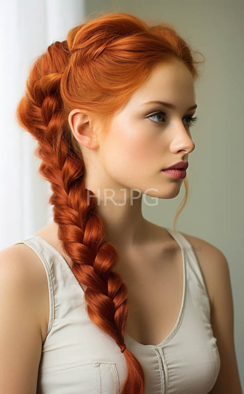 warm side braid portrait red haired woman in white top