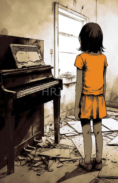 High Resolution: Abandoned Grand Piano: Young Girl in Orange Dress download. | HRJPG.com