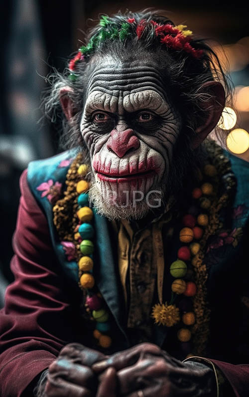 elderly festive clown wrinkled face with colorful beads