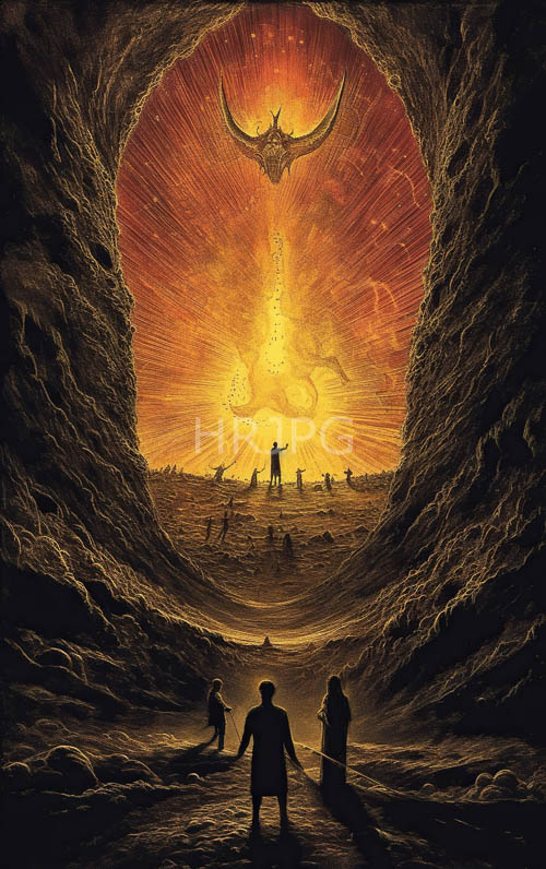 High Resolution: Cave of the Dragon King: Silhouetted Figures and Swirling Energy download. | HRJPG.com