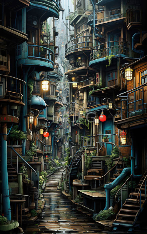 futuristic alleyway blue railings and wet reflected surfaces