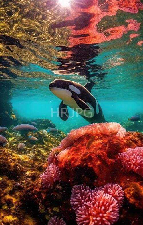 reef encounter orca swimming over pink brain coral