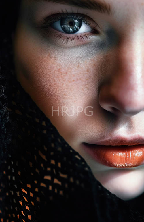 High Resolution: Freckled Orange-Red Lips: Close-Up Blue Eye Portrait download. | HRJPG.com