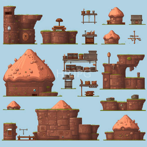 pixel art mushroom rocky buildings