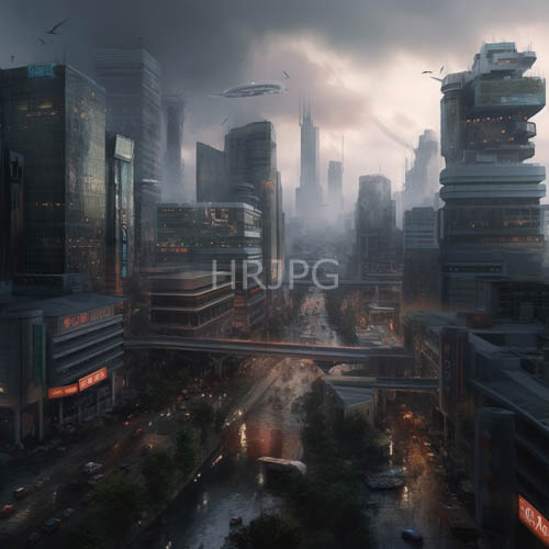 dystopian rainy cityscape flying saucer