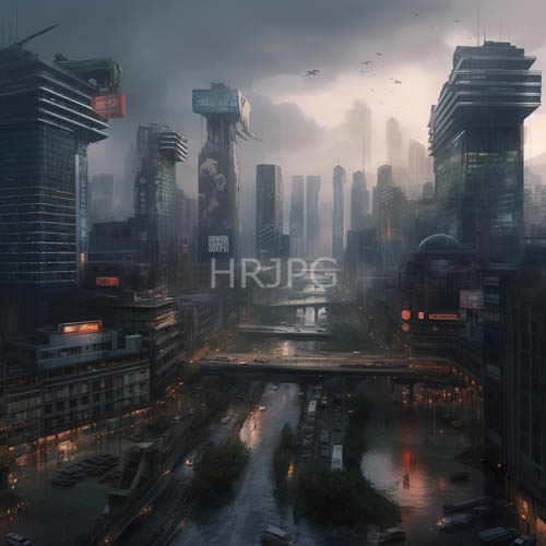 dystopian night cityscape flying drones