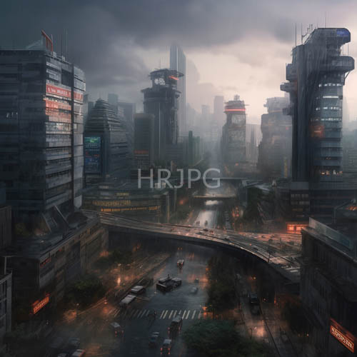 futuristic rain soaked skyscraper road