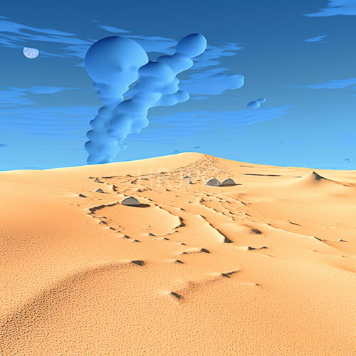 floating cloud shapes over arid golden dunes