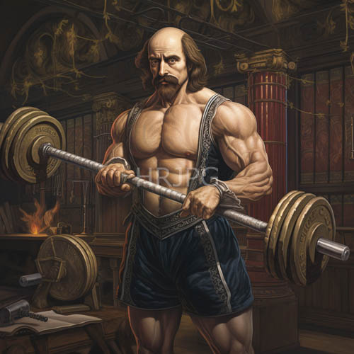barbell lifting in ancient library room