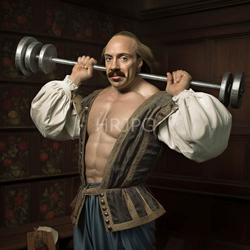 renaissance costume barbell lift in patterned room